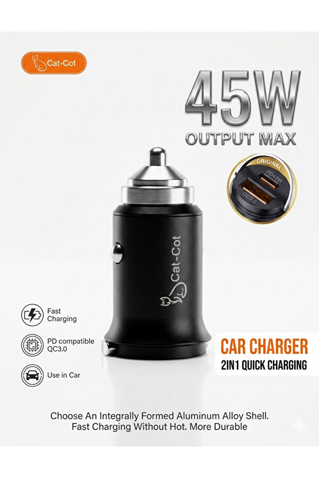 Cat-Cot 45W Dual Port Fast Car Charger | PD 3.0 & QC 3.0 Aluminum Alloy Adapter
