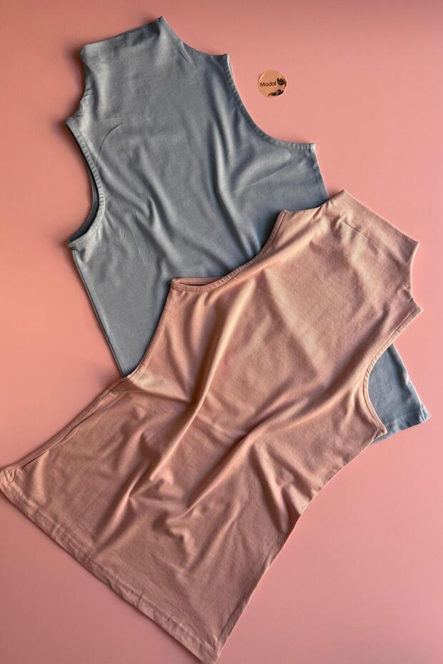 Women's Seamless | 2-Piece Turtleneck Powder and Light Blue Color Modal Fabric Sleeveless Undershirt-Blouse