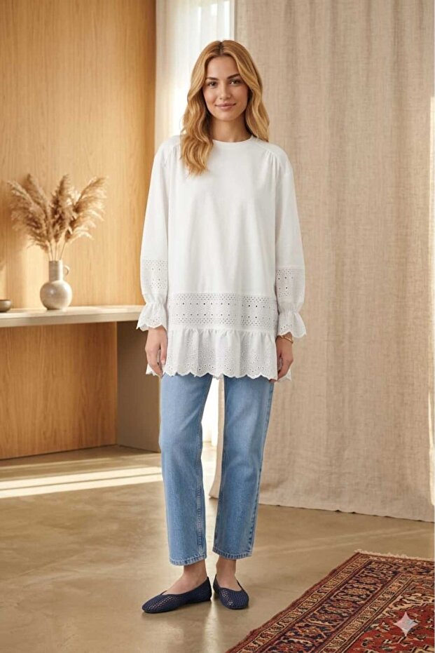 Women's Lace and Ruffle Detailed Combed Cotton Crew Neck Tunic 10773