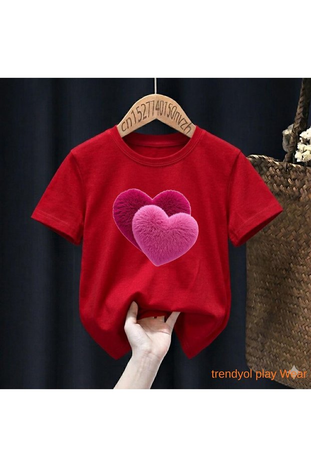 Pink Two Hearts Printed 100% Kids Unisex T-Shirt 5 6 -7 8-9 10 -11 12 Years Old