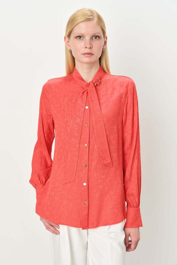 Wide Sleeve Cuffed Scarf Collar Jacquard Shirt Coral