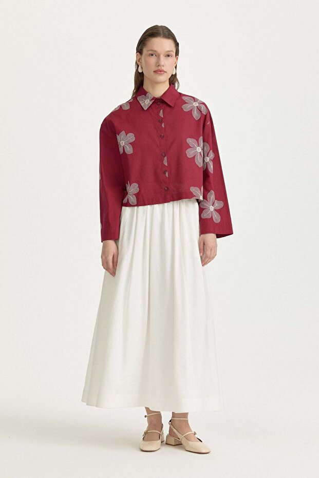 Embroidered Cotton Crop Shirt Burgundy