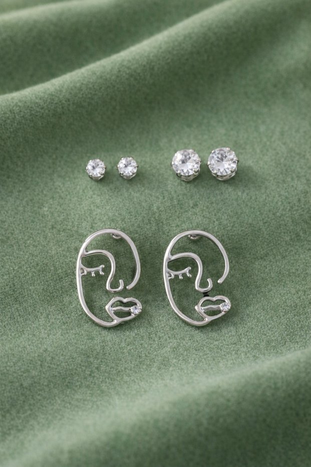Minimal Face Figured Earrings & Stone Earrings Set – Combination Set (Silver Color)