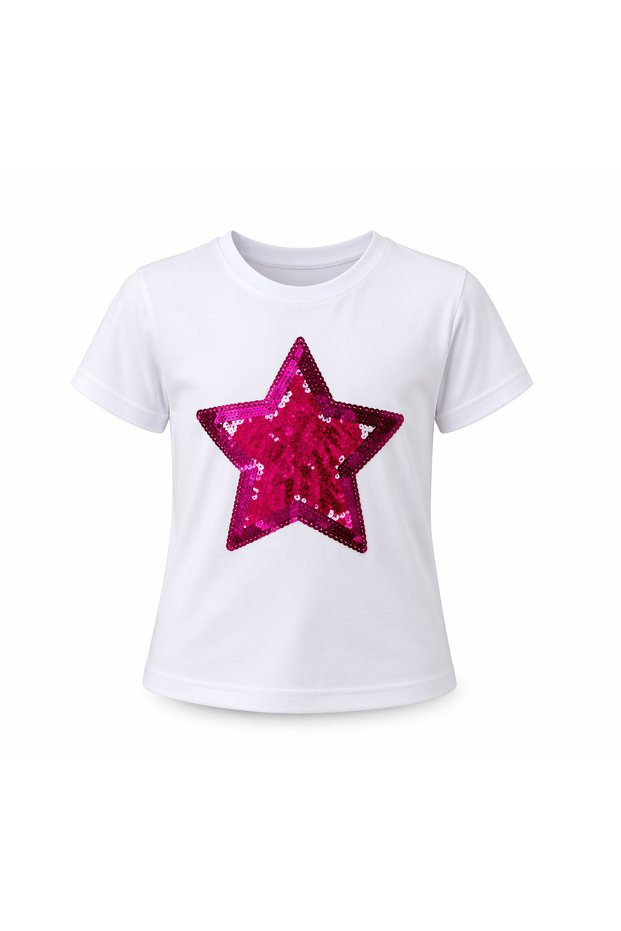 Girls' White T-Shirt with Sequin Star Print – Casual Stylish Design 3-14 Years