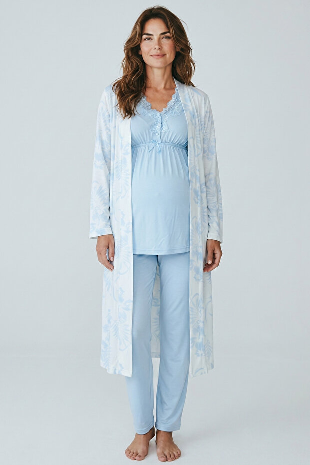 Maternity Set 3-Piece Set - Elegant Lace Maternity Pajama Set - Cotton Set with Dressing Gown and Nursing Features