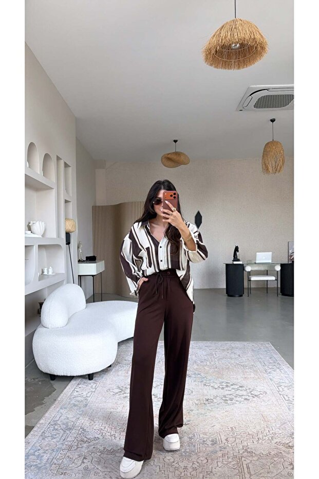 Brown Drawstring Modal Pants - 2