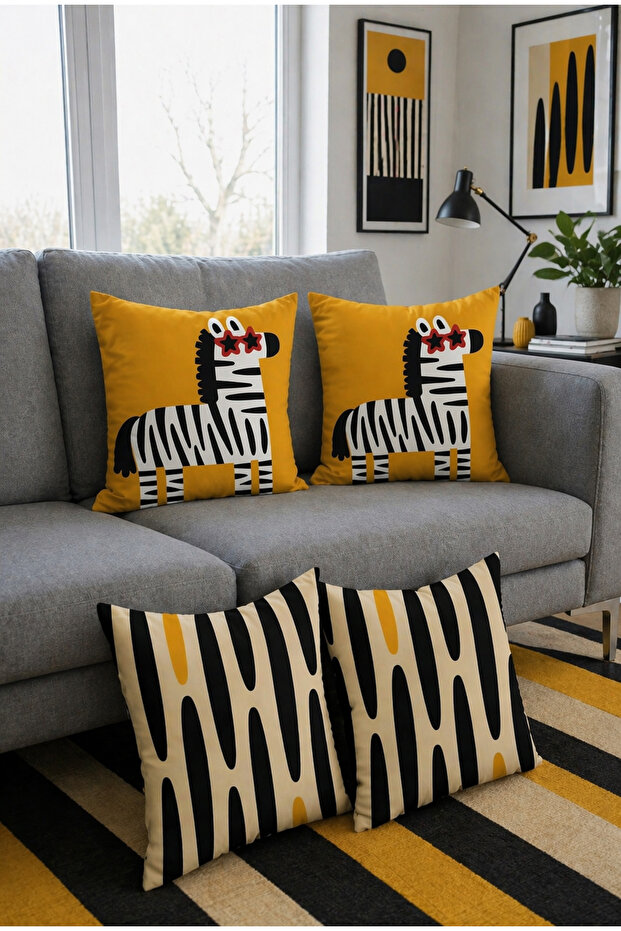 Modern Geometric Zebra Pattern with Yellow Background Energetic and Summer-Themed Digital Printed Set of 4 Throw Pillow Covers
