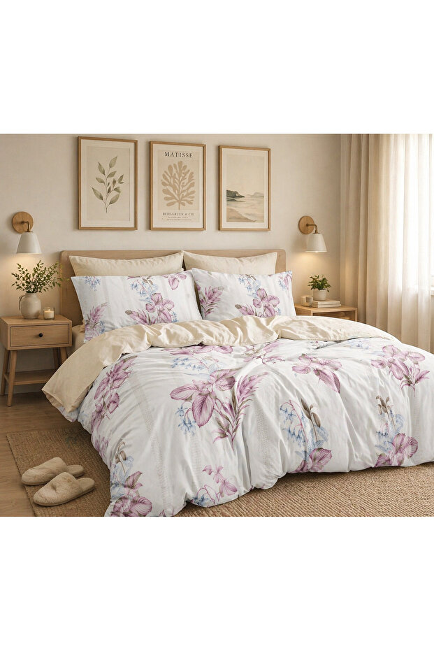 Double Duvet Cover Set with Elastic Sheets Gülperisi Cream