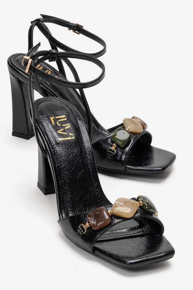 Franca Black Natural Stone Buckle Women's Block Heeled Shoes