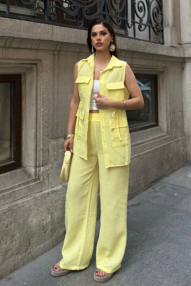 Women's Yellow Long Vest and Trousers Linen Textured Top and Bottom Set