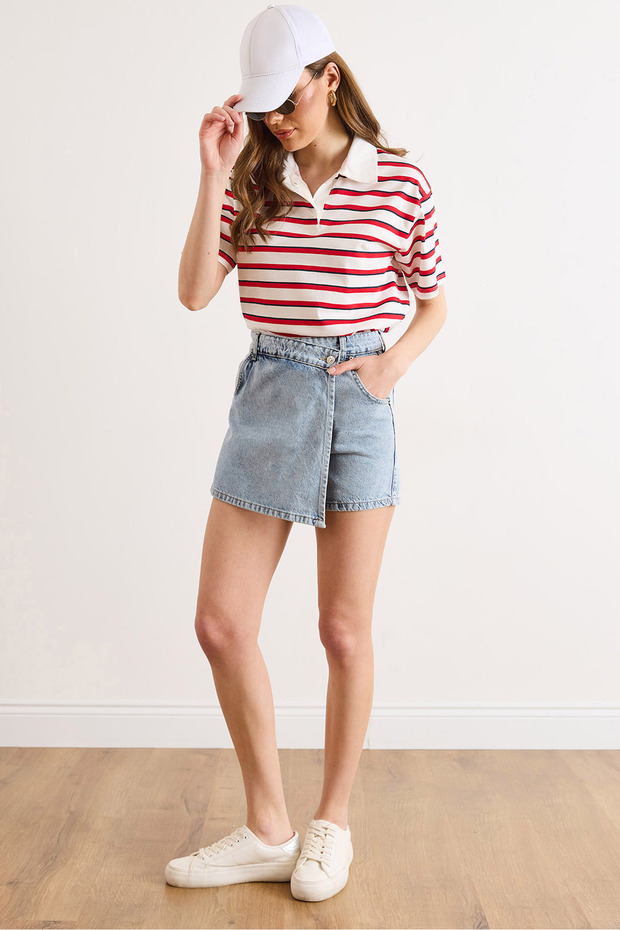 Women's Light Blue Denim Skirt with Pockets Etk-19000429