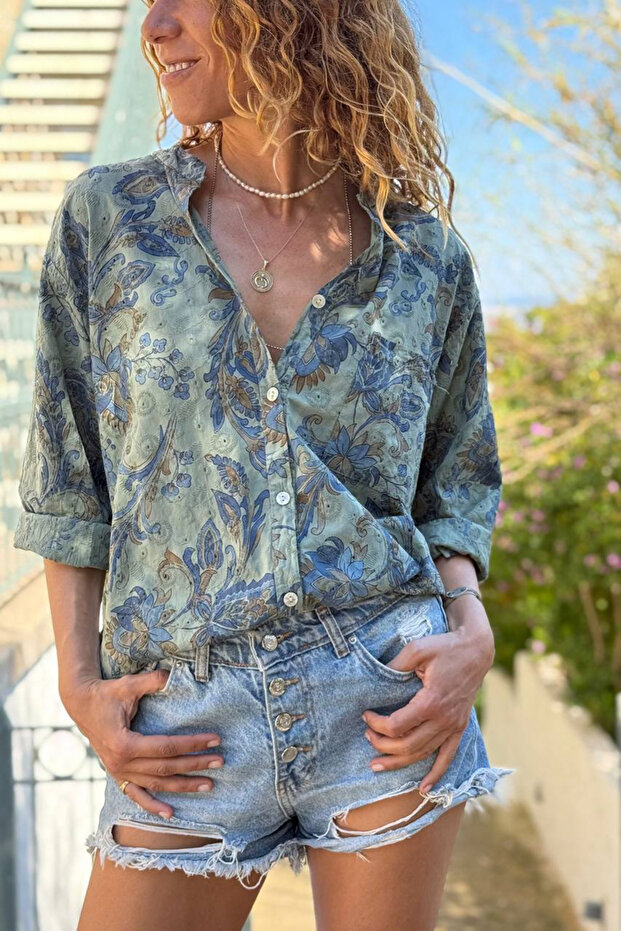 Italian Khaki Hakim Collar Floral Cotton Loose Woven Shirt 75 55