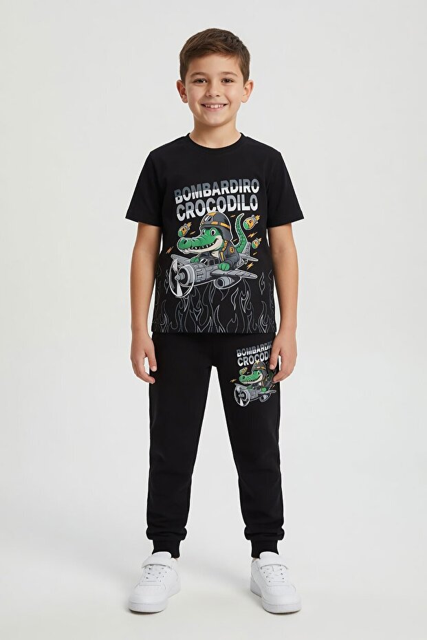 Black Crocodile Printed Tracksuit Boys' T-Shirt 2-Piece Set 23913