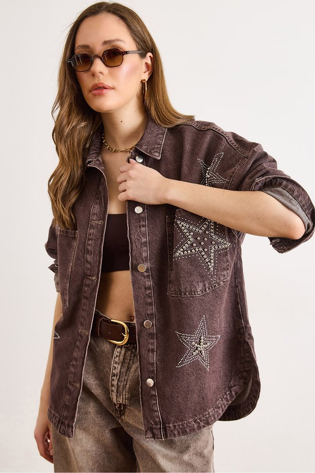 Women's Brown Beaded Star Detailed Double Pocket Shirt Jacket Ckt-19000454