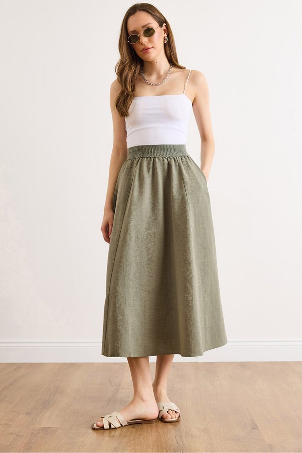 Women's Khaki Guipure Belt Detailed Pocketed Thick Linen Skirt Etk-19000299