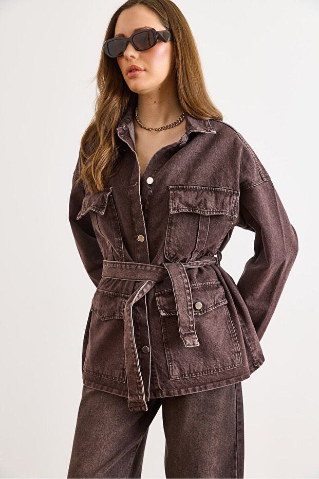 Women's Brown Belted Denim Jacket with 4 Pockets Ckt-19000503