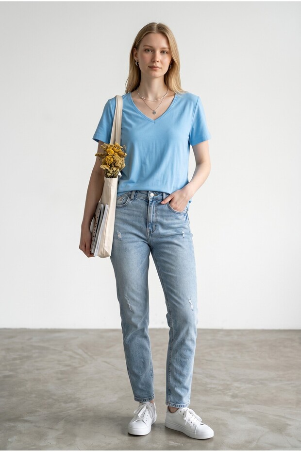 Women's Baby Blue V-Neck Regular T-Shirt
