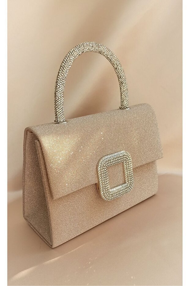 Women's Black Silvery Stone Buckle Detailed Portfolio Stone Handle Evening Dress Bag