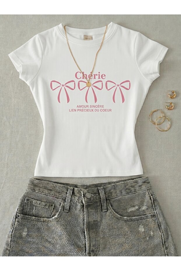 Women's New Ribbon Cherei Printed - Lycra Short Sleeve Body Tee Crop