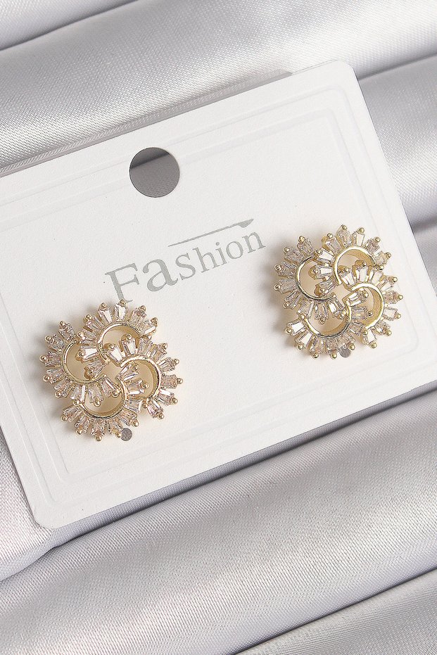 Brass Gold Color Zircon Stone Clover Model Women's Earrings
