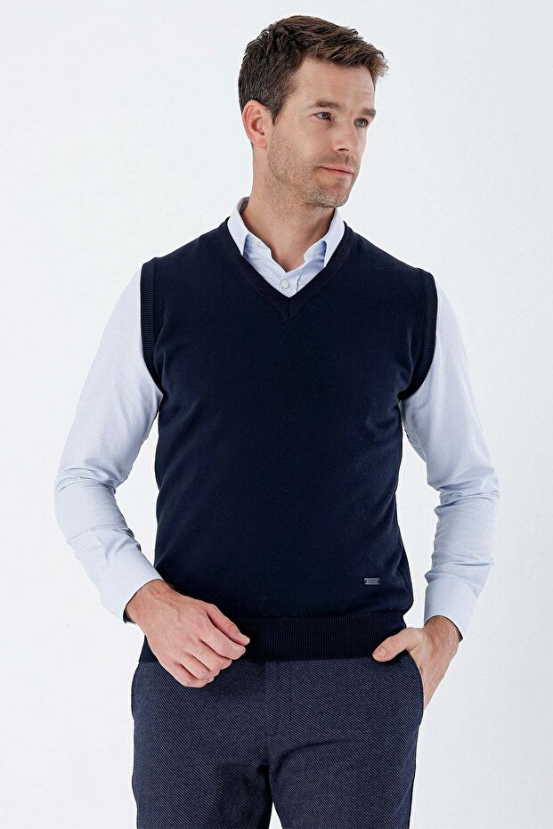 Navy Blue V-Neck Pocketless Slim Fit Classic Wool Knitwear Sweater 1012255003