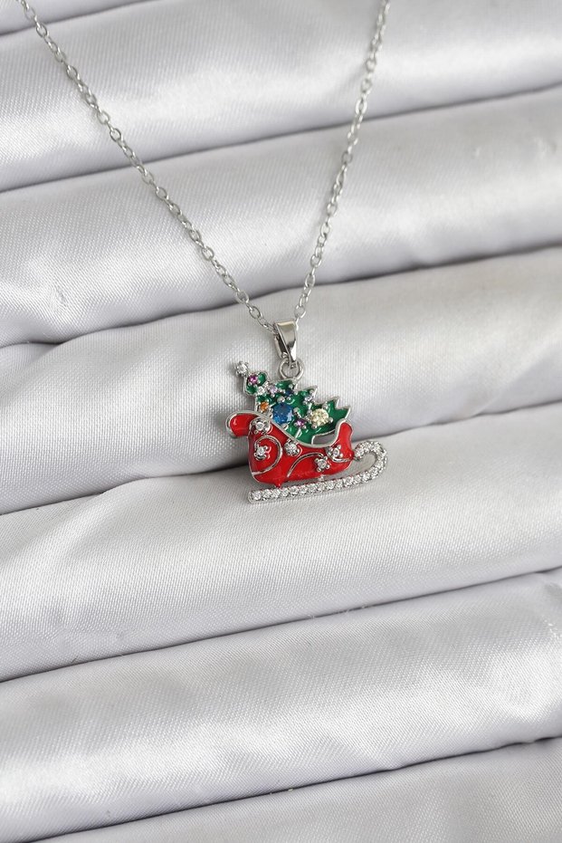 316L Steel Chain Silver Color Christmas Themed Women's Necklace with Sleigh and Pine Tree Figures