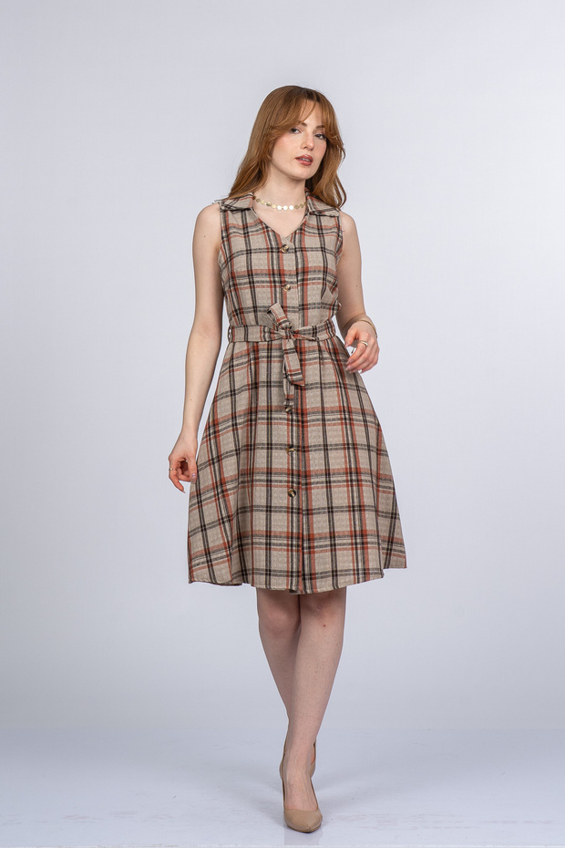 Women's Summer Beige Meloria Zero Sleeve Front Buttoned Linen Dress Stylish Daily Comfortable 50389