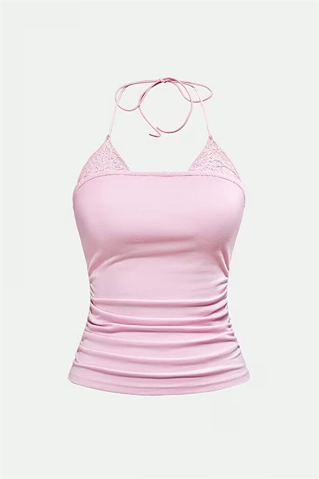Pink lace trimmed tie-up y2k strappy crop top
