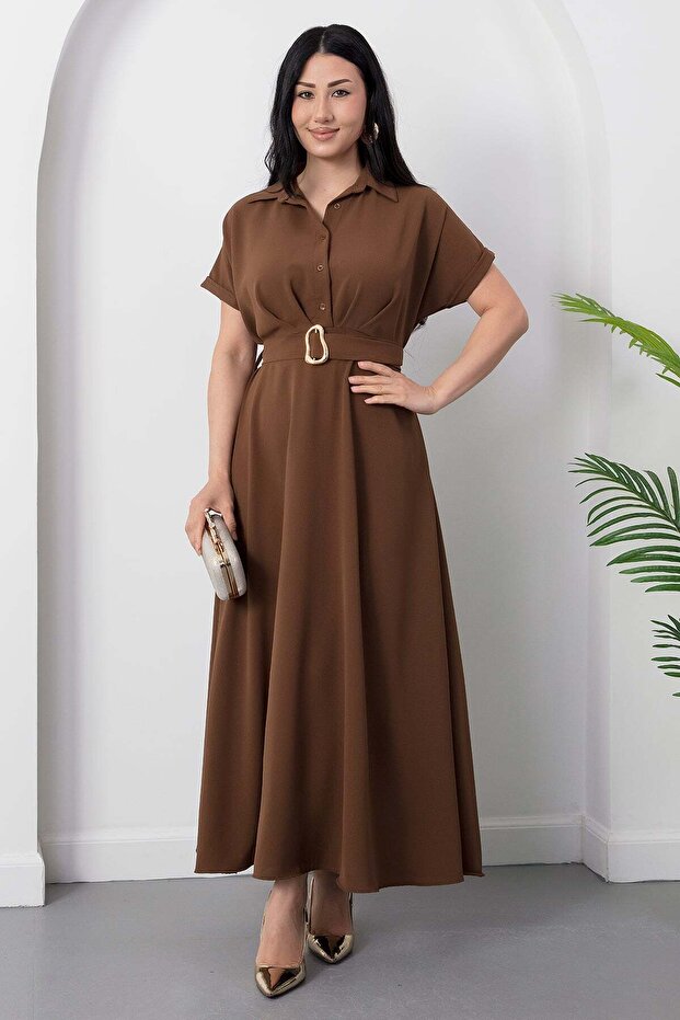Shirt Collar Belted Buttoned Dress Dks1427