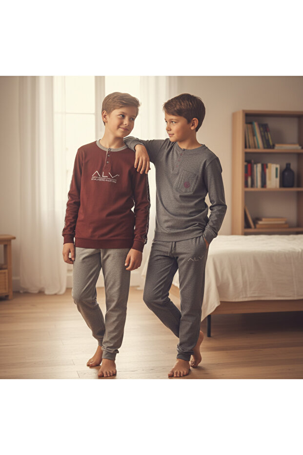 Young Men's Cotton Collared Buttoned Pocketed Gift Set 2 Pieces 2-Piece Top and Bottom Pajama Set Al007 V2, Al003