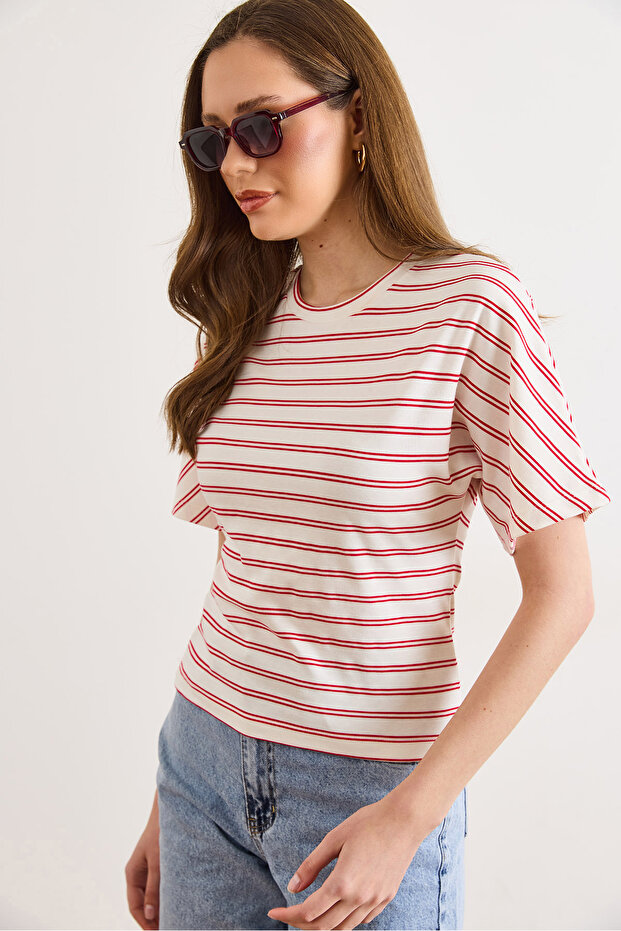 Women's Red Ecru Striped Batwing Basic T-Shirt Tsh-19000989