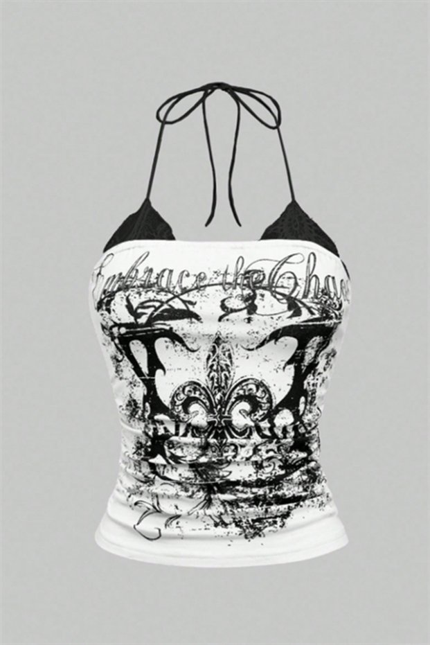White Lace Li Embrace the Chaos Gothic Y2K Halter Neck Tie-Detail Cropped