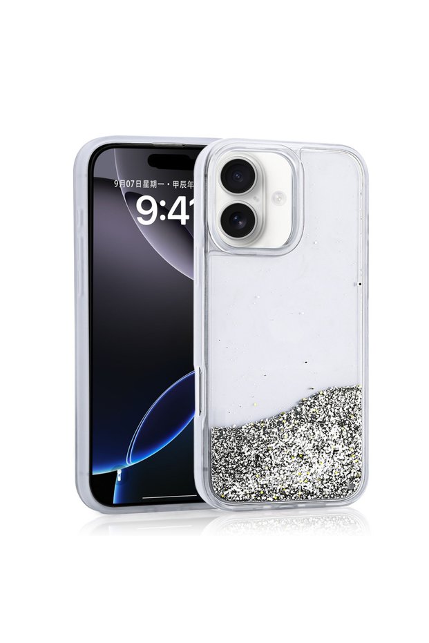 iPhone 16 Case Liquid Glitter Transparent Back Surface Brsa Keto Silicone Cover - Silver