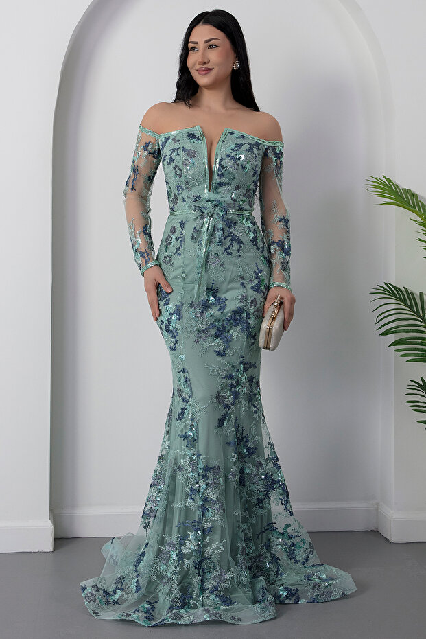 Crew Neck Sequin Detailed Tulle Dress 6087