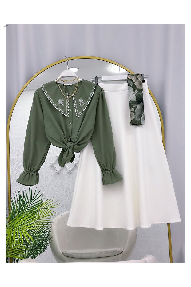 Embroidered Collar Shirt Puff Scuba Flared Skirt Dual Set [Excluding Shawl]