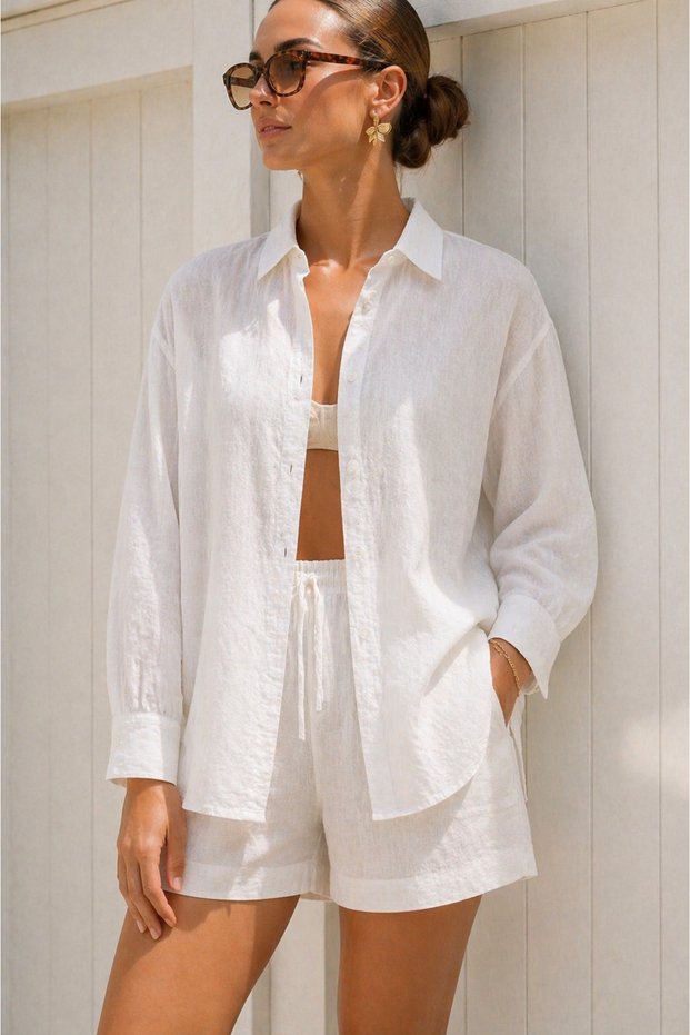 Women's Full White Linen Low Sleeve Loose Fit Shirt