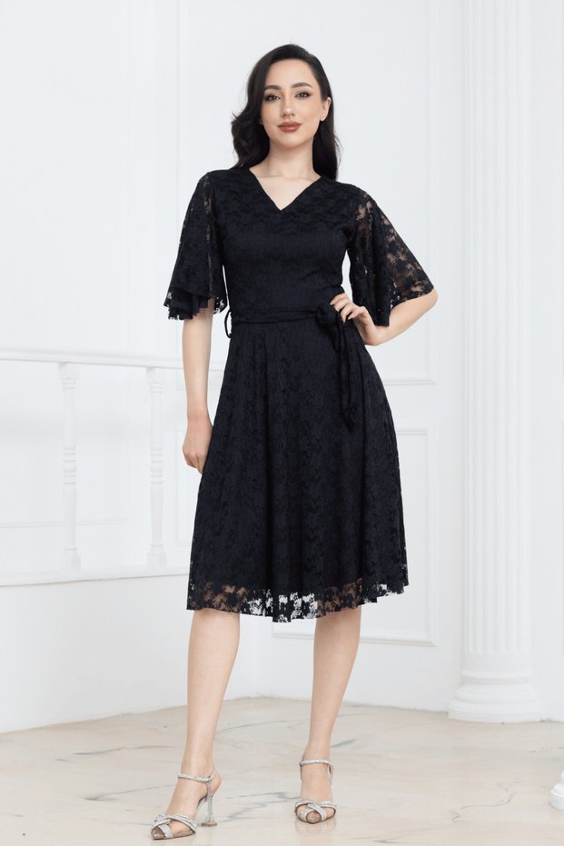 V-Neck Lace Midi Dress - Black