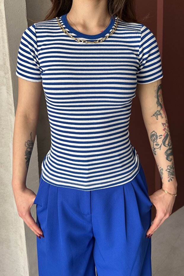 Women's Cobalt Blue White Chain Ribbed Knitted Blouse