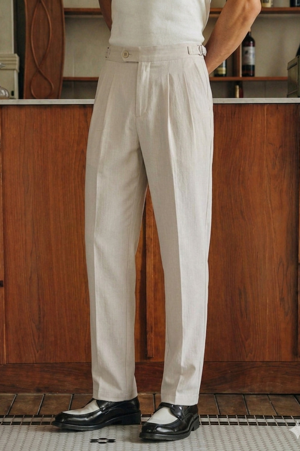 Men's Pleated Old Money Classic Fabric Trousers Comfortable Fit Summer Wear