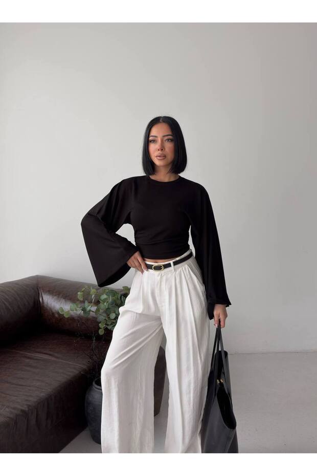 Women's Black Crew Neck Waist-Slit Wide Sleeve Stylish Blouse