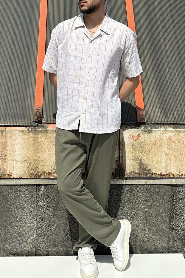 Men'S, Apaş Collar, Breathable, 100% Cotton, Linen Weave, Striped Pattern, Oversize Shirt G-18
