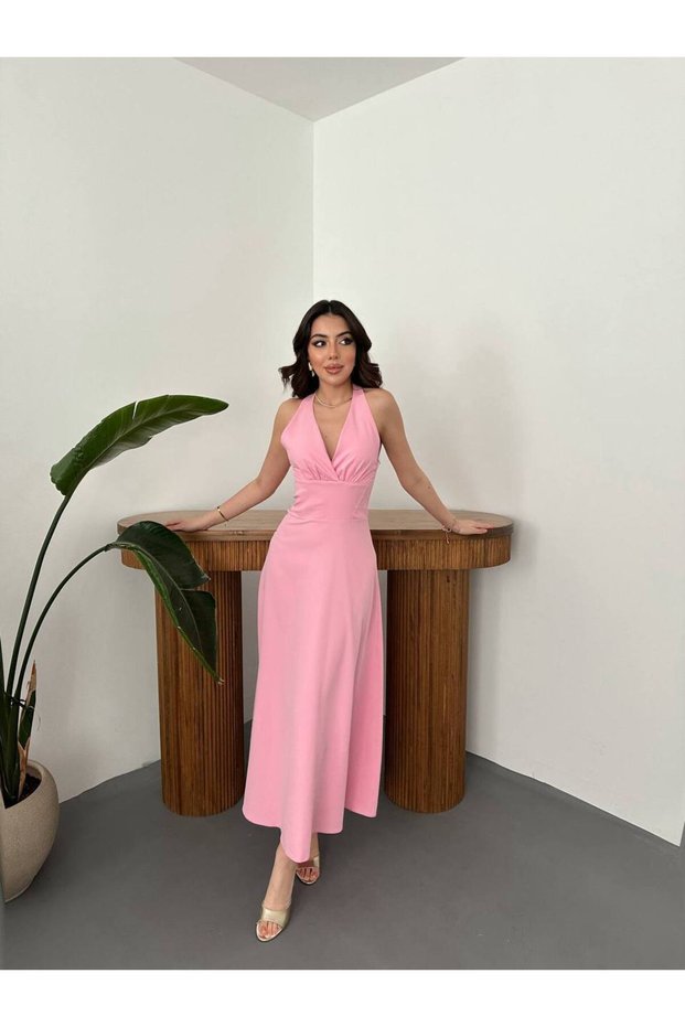 Women's Long Stylish Evening Dress with Necklace Detail, Backless Design, and Breast Pouches