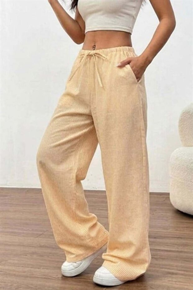 Beige Striped Harajuku Y2K Tracksuit with Elastic Waist
