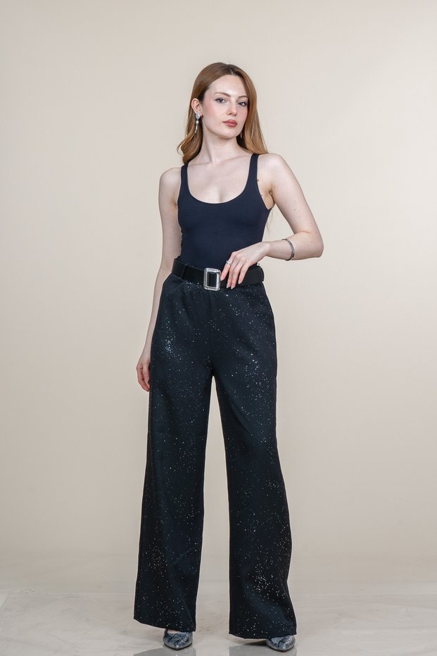 Women's Summer Black Velina High Waist Elastic Waist Glittery Trousers Casual Daily Office Stylish 30376