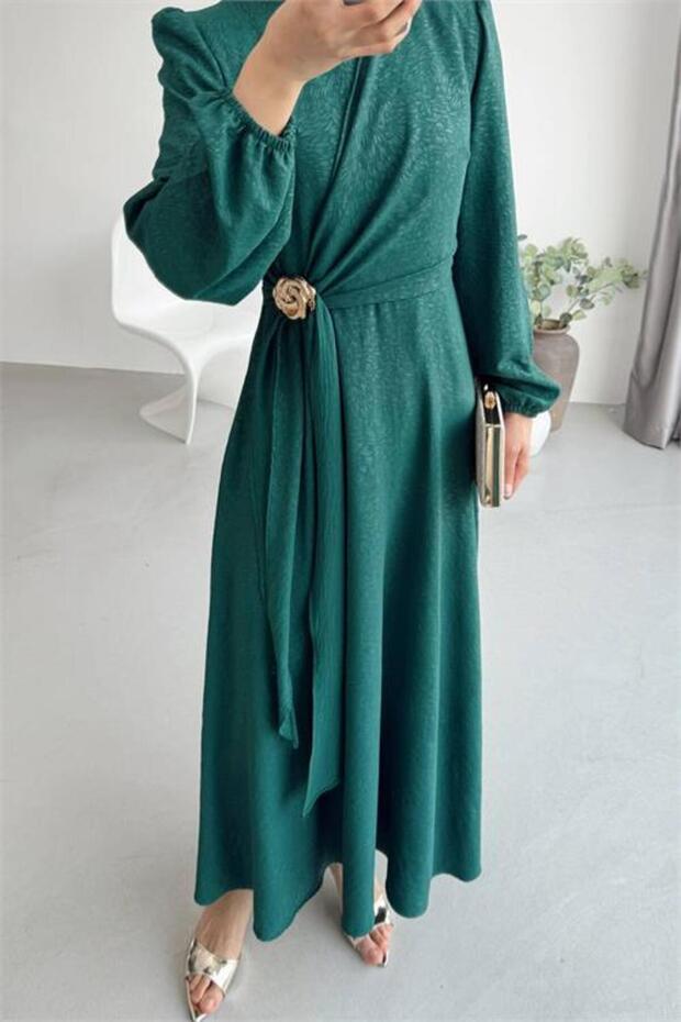 Women's Green Gold Buckle Detailed Jacquard Hijab Dress Nms092