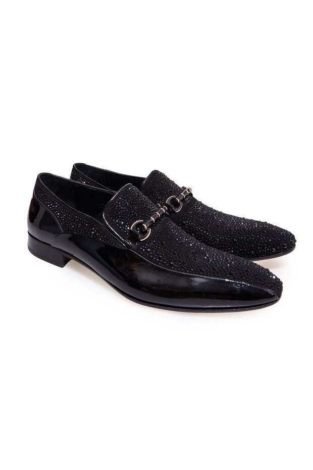 Black Color Laceless Genuine Leather Leather Sole Stone-Embellished Men's Shoes