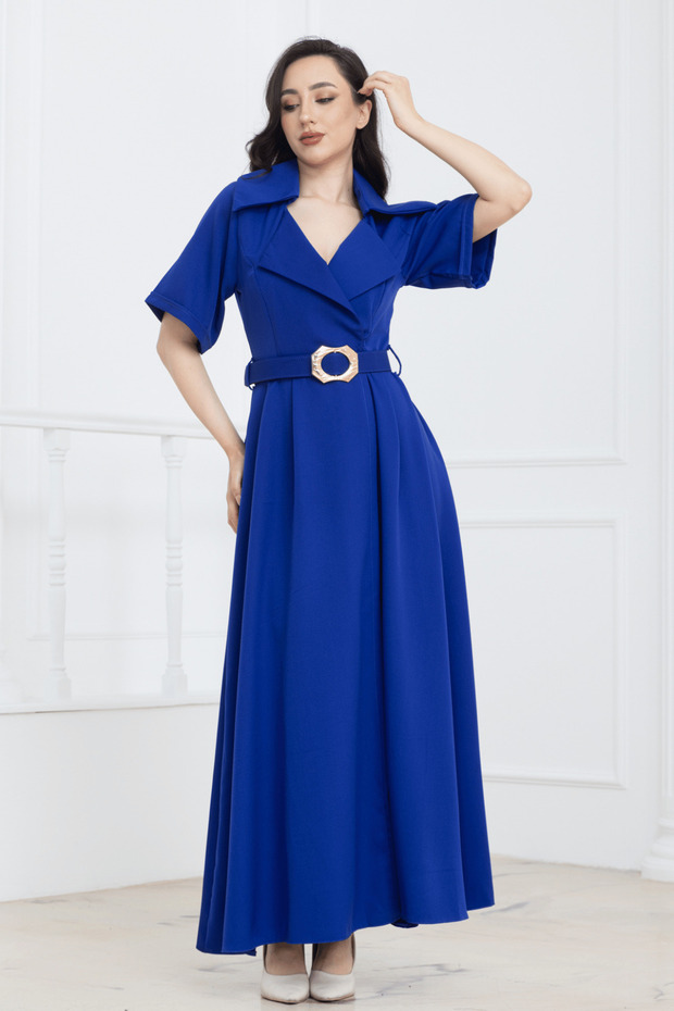 Double-Breasted Collar Belted Casual Dress - Cobalt Blue