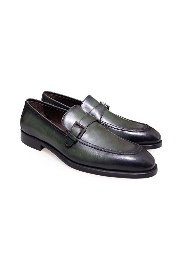 Green Color Laceless Genuine Leather Leather Sole Men's Shoes