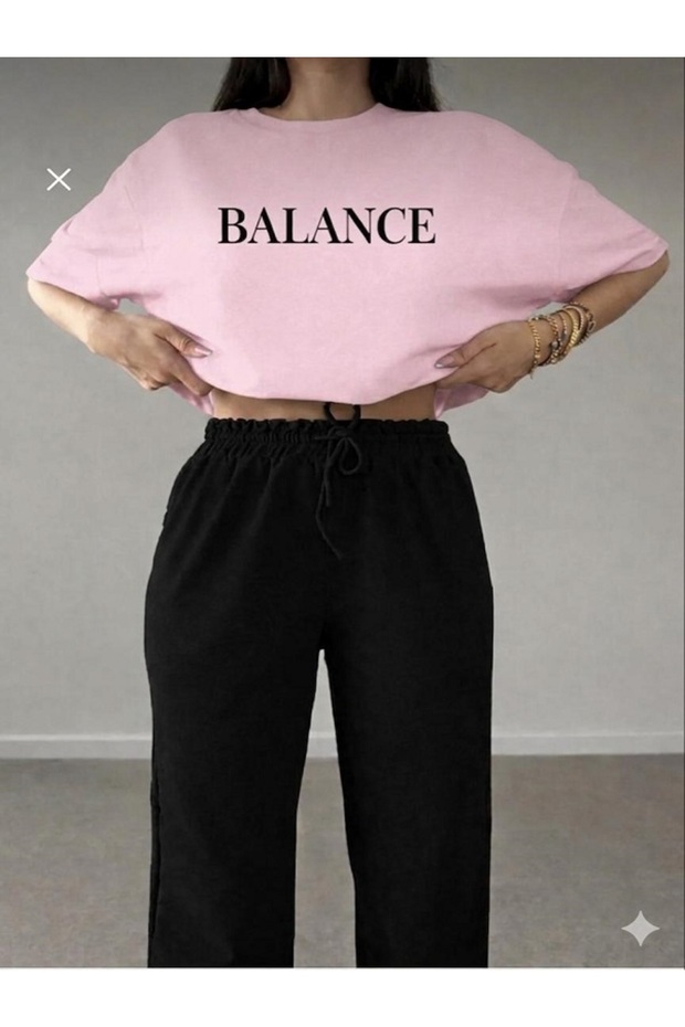 Unisex Wide Cut T-Shirt Tracksuit Set with Balance Text Print