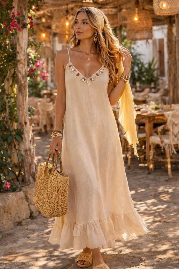 Lace Collar with Roped Straps, Vetaş Detail, Linen Fabric, Loose Women's Dress